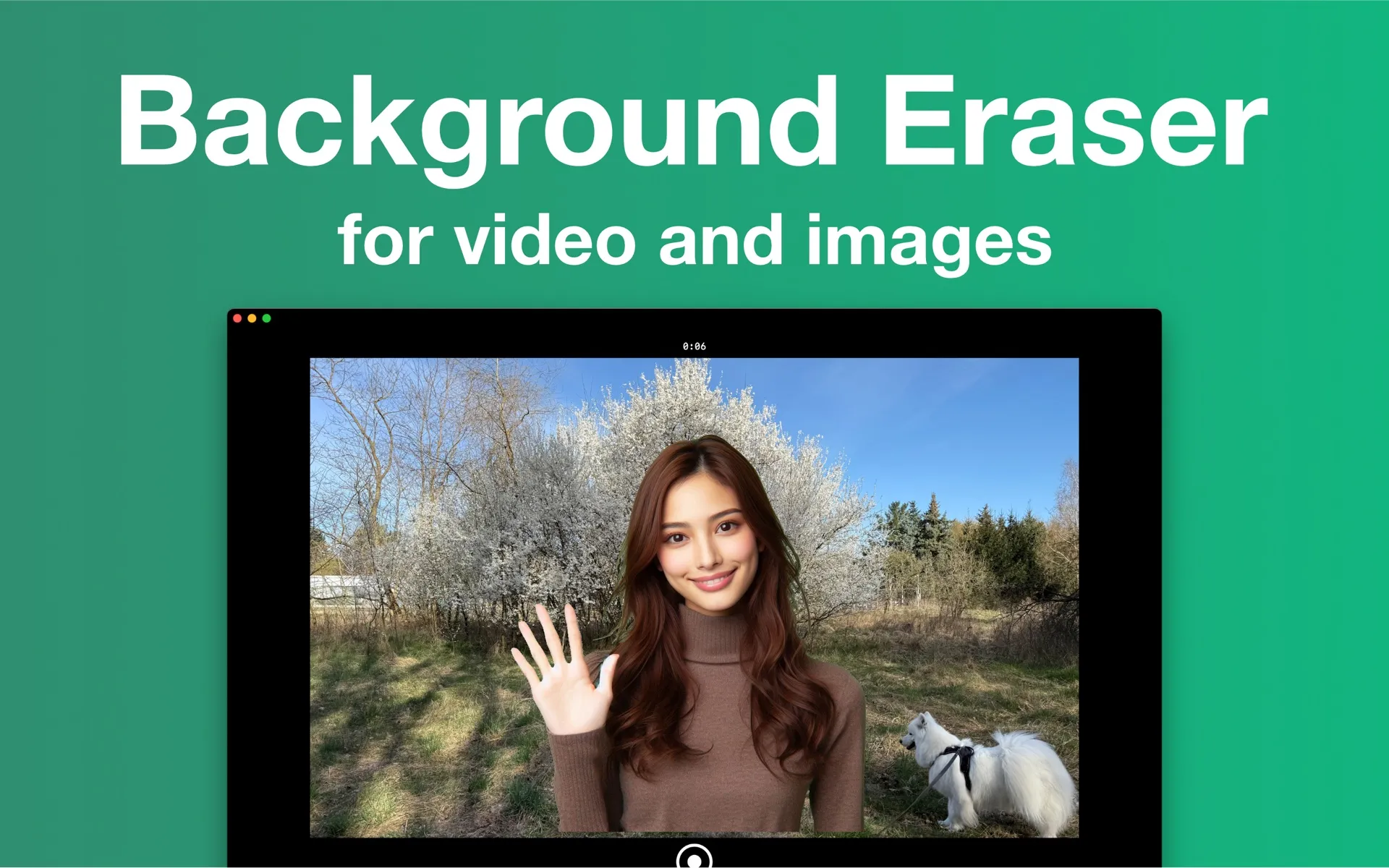 Background Eraser for Mac recording a video of a woman whose background has been replaced with a spring park scene, with a dog composited beside her