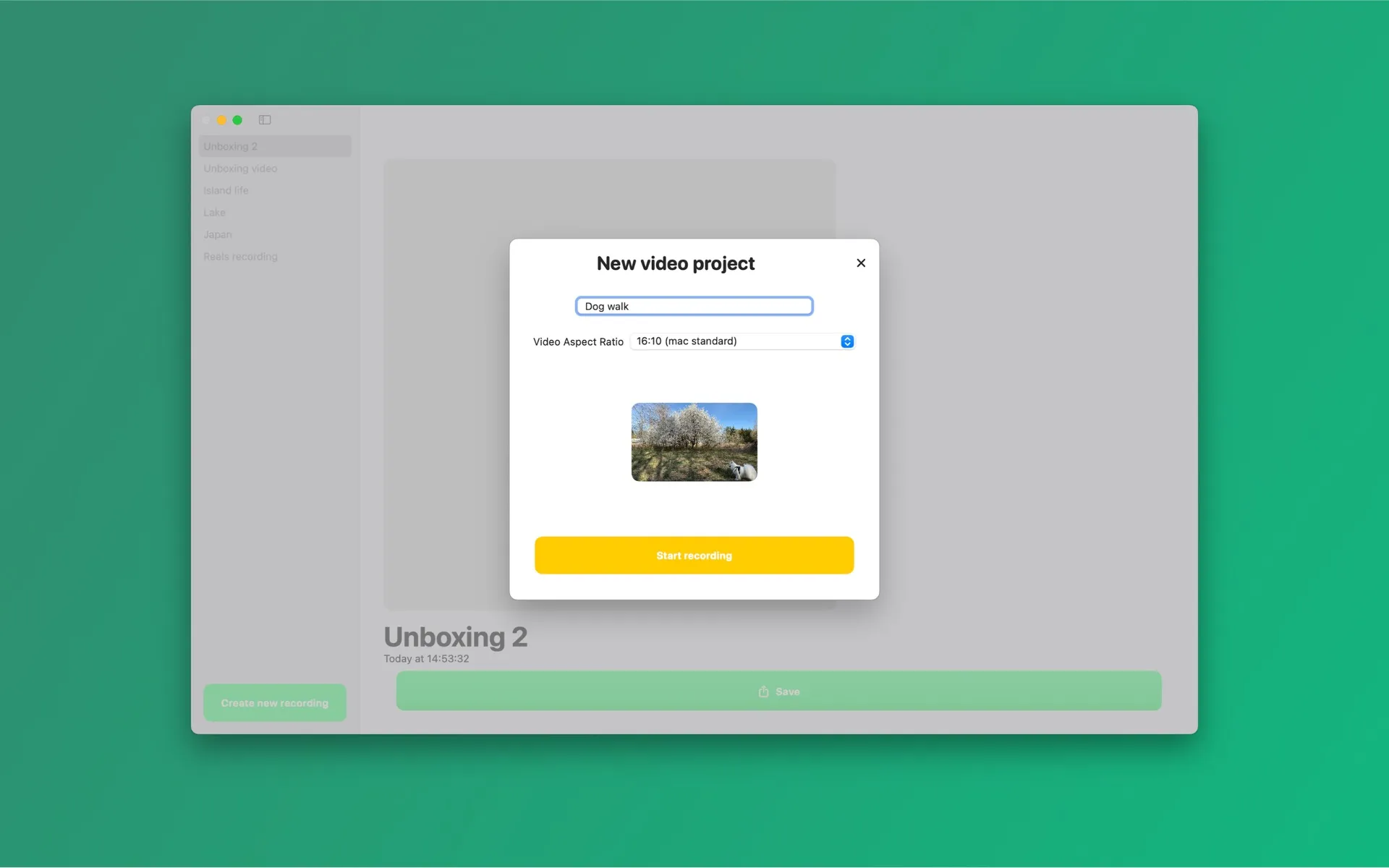 New video project dialog in Background Eraser for Mac with the video aspect ratio picker